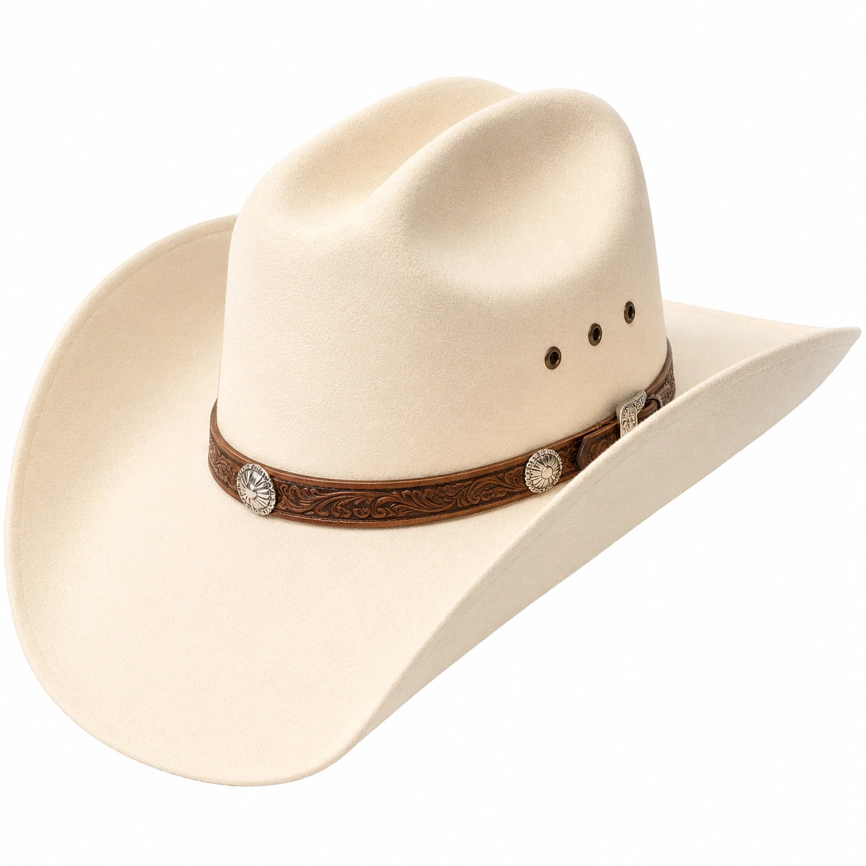 Western Cowboyhut Creme mit Lederband und Verzierung
