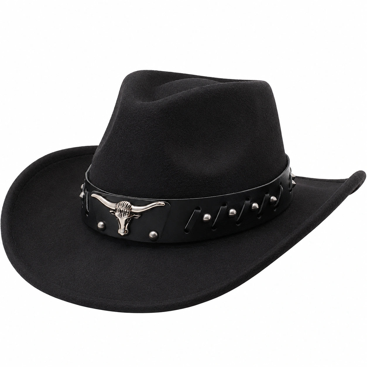 Schwarzer Cowboyhut mit Stierkopfverzierung