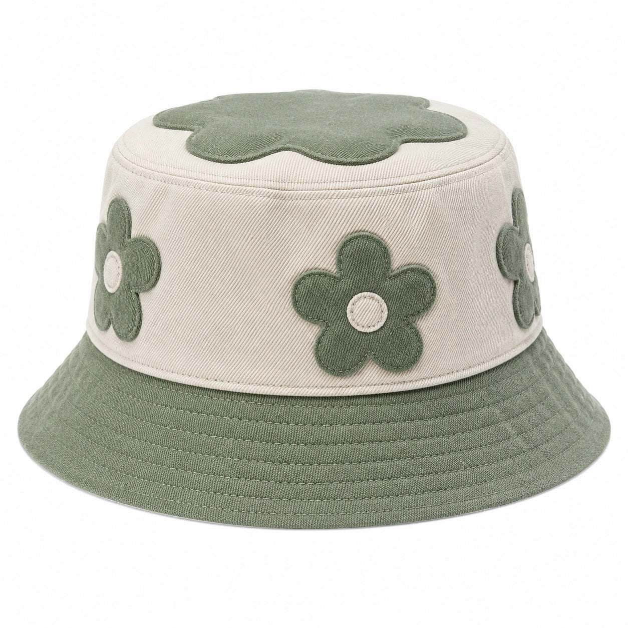Grün/Beige Fischerhut mit Blumenmotiv
